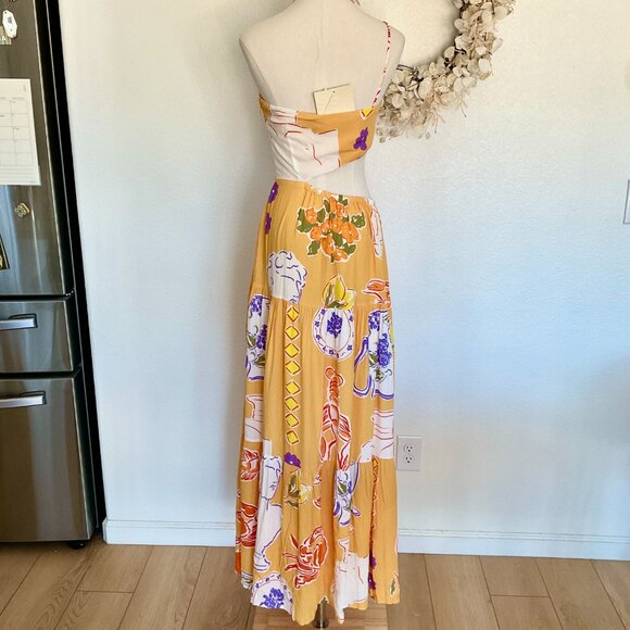🦀 SABO Aliza Assymmetrical Cut-Out Fit and Flare Maxi Dress Ciao Yellow Print S - Picture 9 of 16
